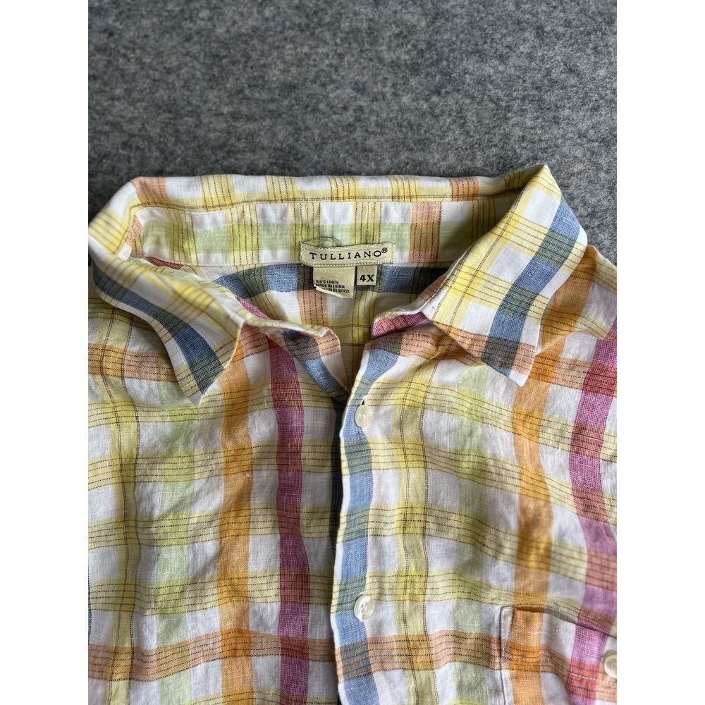 Tulliano Linen Shirt‎ Men's 4X Plaid Multicolor Short Sleeve Casual READ